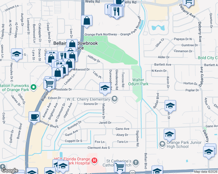 map of restaurants, bars, coffee shops, grocery stores, and more near 395 Dunwoodie Road in Orange Park