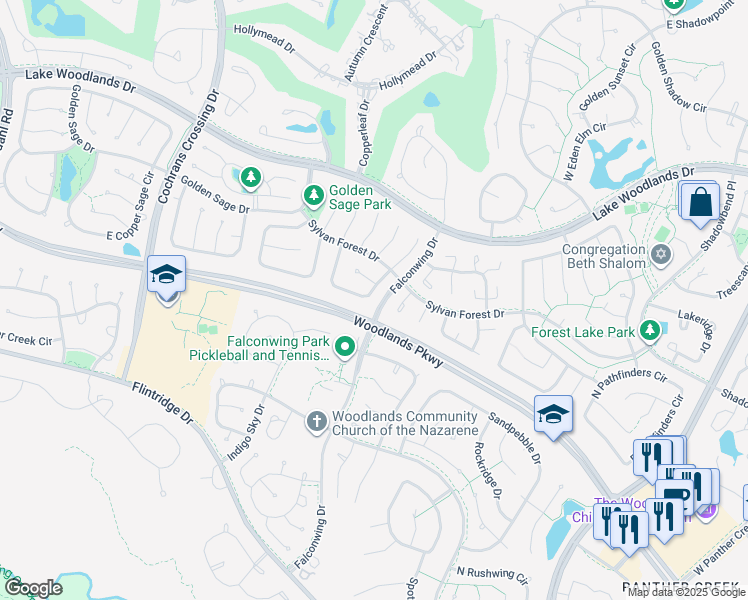 map of restaurants, bars, coffee shops, grocery stores, and more near 27 East Stony Bridge Circle in Spring