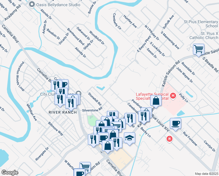 map of restaurants, bars, coffee shops, grocery stores, and more near 299 Pembroke Lane in Lafayette
