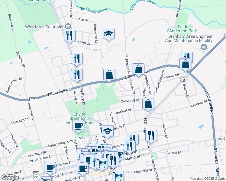 map of restaurants, bars, coffee shops, grocery stores, and more near 520 East Blue Bell Road in Brenham