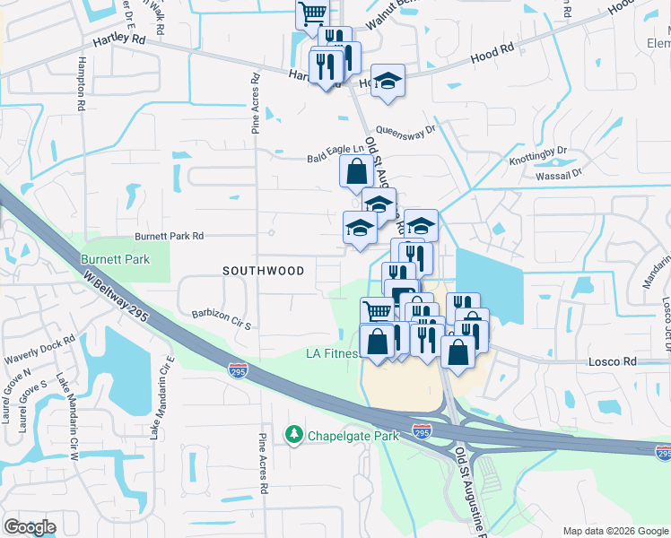 map of restaurants, bars, coffee shops, grocery stores, and more near 4112 Livingston Road in Jacksonville