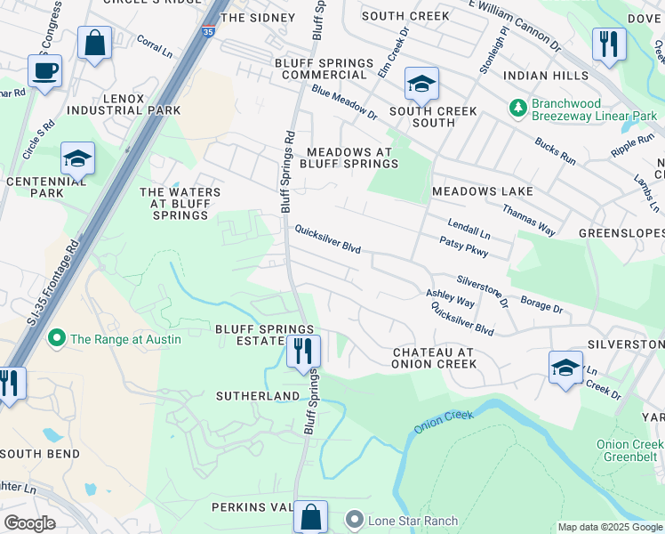 map of restaurants, bars, coffee shops, grocery stores, and more near 7501 Bluff Springs Road in Austin