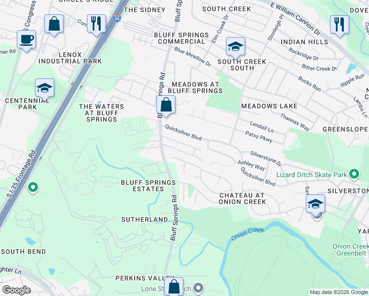 map of restaurants, bars, coffee shops, grocery stores, and more near 7501 Bluff Springs Road in Austin