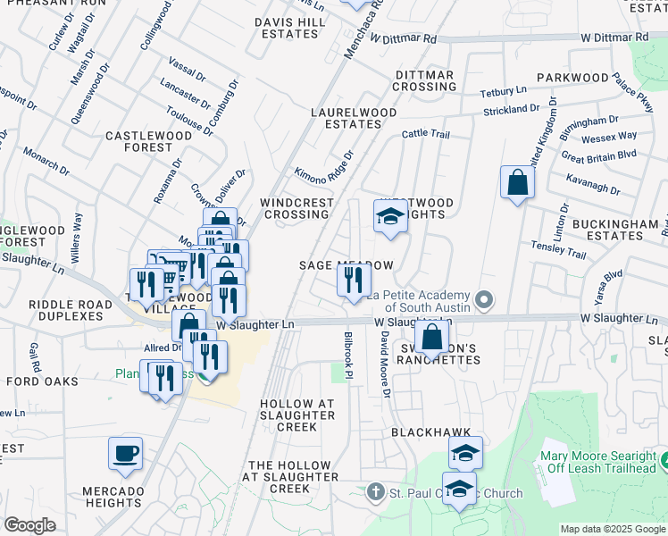 map of restaurants, bars, coffee shops, grocery stores, and more near 9109 Sweetgum Drive in Austin