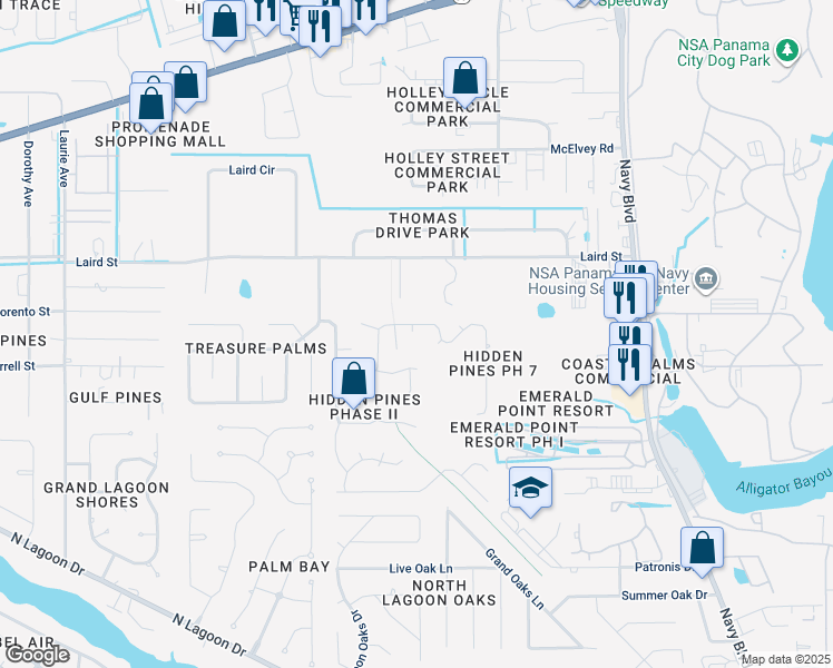 map of restaurants, bars, coffee shops, grocery stores, and more near 334 Hidden Island Drive in Panama City