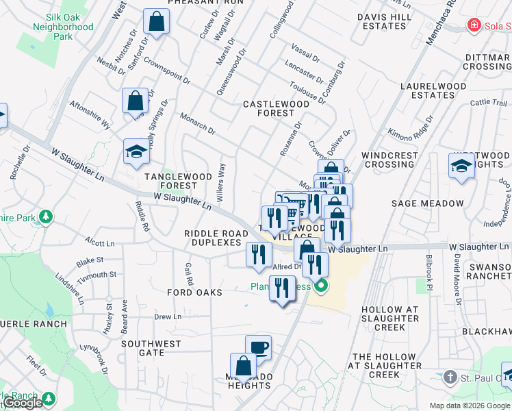 map of restaurants, bars, coffee shops, grocery stores, and more near 9804 Roxanna Drive in Austin