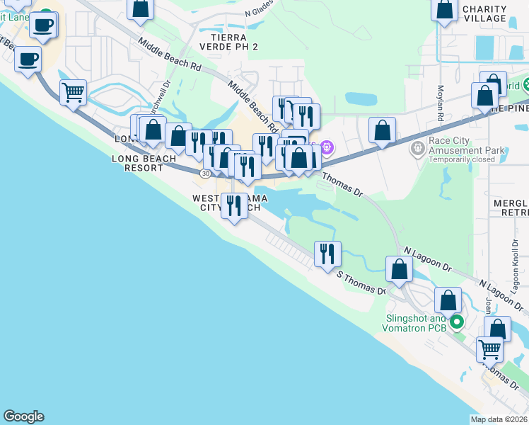 map of restaurants, bars, coffee shops, grocery stores, and more near 9850 South Thomas Drive in Panama City Beach