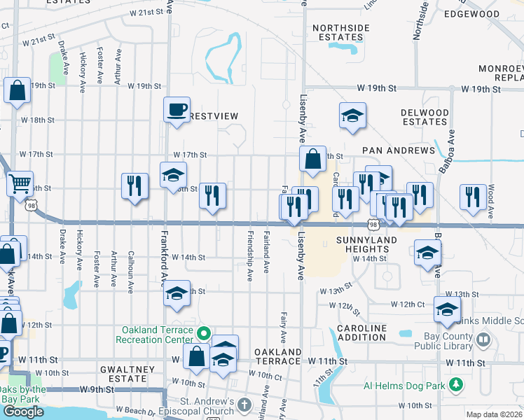 map of restaurants, bars, coffee shops, grocery stores, and more near 1610 W 15th St in Panama City