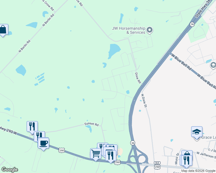 map of restaurants, bars, coffee shops, grocery stores, and more near 1020 Trellis Pass in Brenham