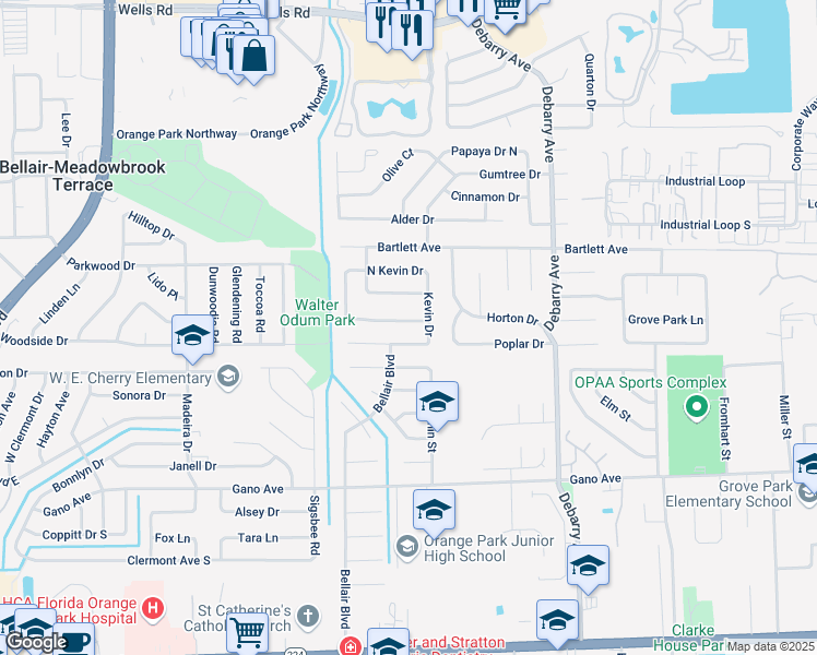 map of restaurants, bars, coffee shops, grocery stores, and more near 1855 Aba Drive in Orange Park