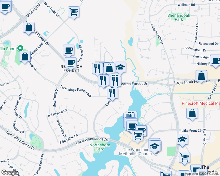 map of restaurants, bars, coffee shops, grocery stores, and more near 2455 Research Forest Drive in The Woodlands