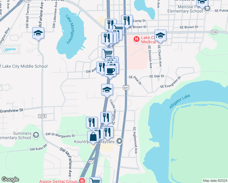 map of restaurants, bars, coffee shops, grocery stores, and more near 1075 Southwest Old Dogwood Terrace in Lake City