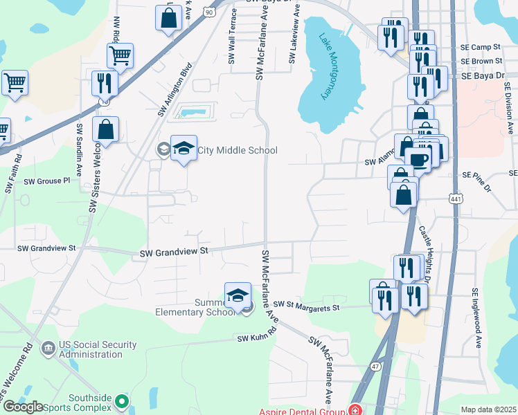 map of restaurants, bars, coffee shops, grocery stores, and more near 1077 SW McFarlane Ave in Lake City