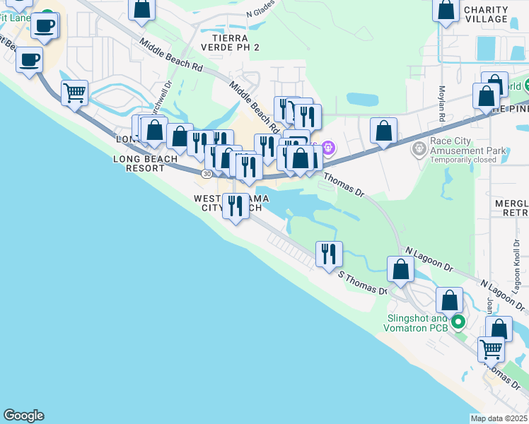 map of restaurants, bars, coffee shops, grocery stores, and more near 9850 South Thomas Drive in Panama City Beach