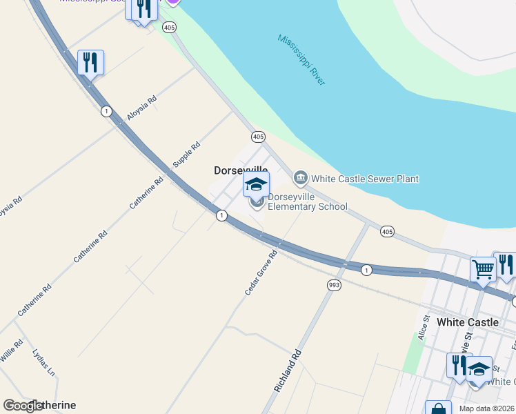 map of restaurants, bars, coffee shops, grocery stores, and more near 31505 Louisiana 1 in White Castle