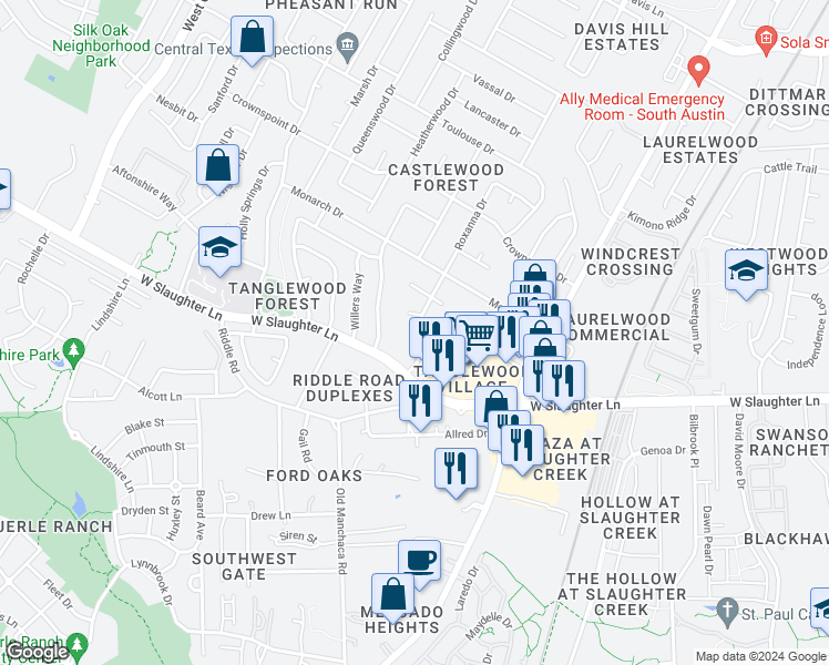 map of restaurants, bars, coffee shops, grocery stores, and more near 2404 West Slaughter Lane in Austin