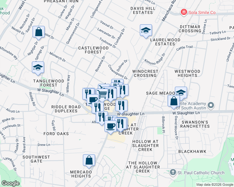 map of restaurants, bars, coffee shops, grocery stores, and more near 9706 Menchaca Road in Austin