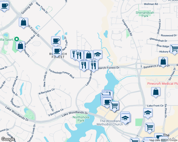 map of restaurants, bars, coffee shops, grocery stores, and more near 2455 Research Forest Drive in The Woodlands
