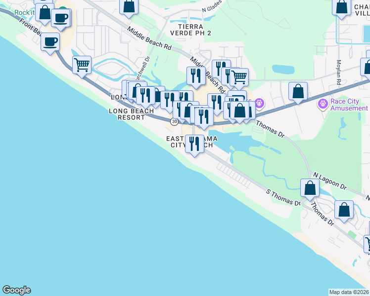 map of restaurants, bars, coffee shops, grocery stores, and more near 9900 South Thomas Drive in Panama City Beach