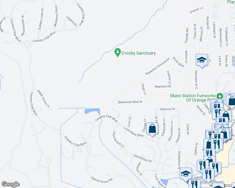 map of restaurants, bars, coffee shops, grocery stores, and more near 557 Aquarius Concourse in Orange Park