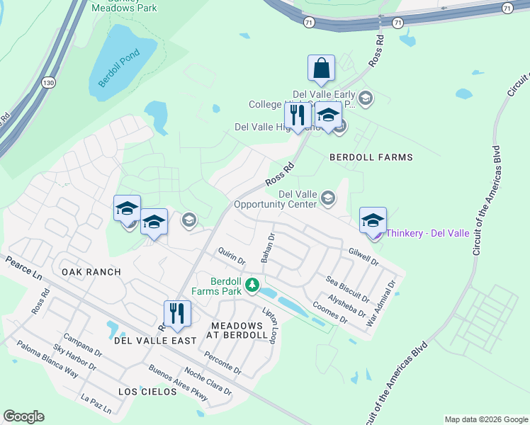 map of restaurants, bars, coffee shops, grocery stores, and more near 5301 Mathra Drive in Del Valle
