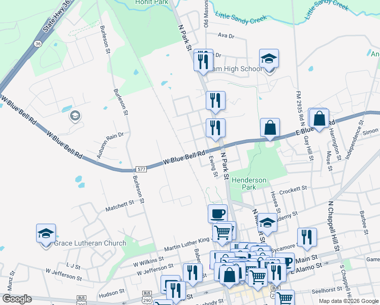 map of restaurants, bars, coffee shops, grocery stores, and more near 304 West Blue Bell Road in Brenham