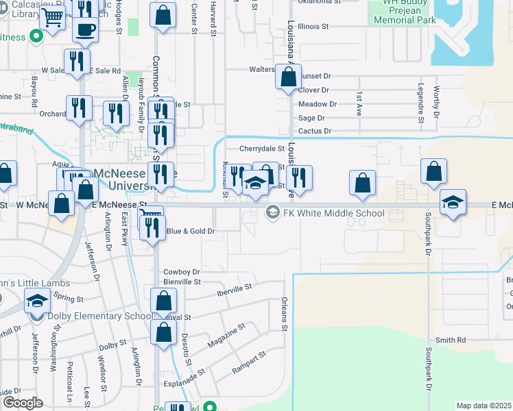 map of restaurants, bars, coffee shops, grocery stores, and more near 1000 East McNeese Street in Lake Charles
