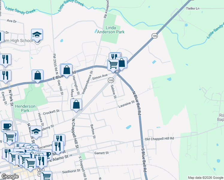map of restaurants, bars, coffee shops, grocery stores, and more near 709 Sabine Street in Brenham