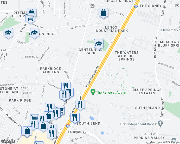 map of restaurants, bars, coffee shops, grocery stores, and more near 8100 South Interstate 35 Frontage Road in Austin