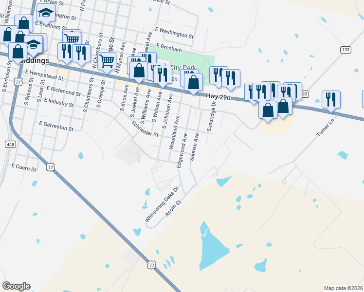 map of restaurants, bars, coffee shops, grocery stores, and more near 550 Woodland Avenue in Giddings