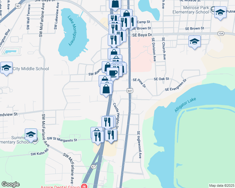 map of restaurants, bars, coffee shops, grocery stores, and more near 1075 Southwest Old Dogwood Terrace in Lake City