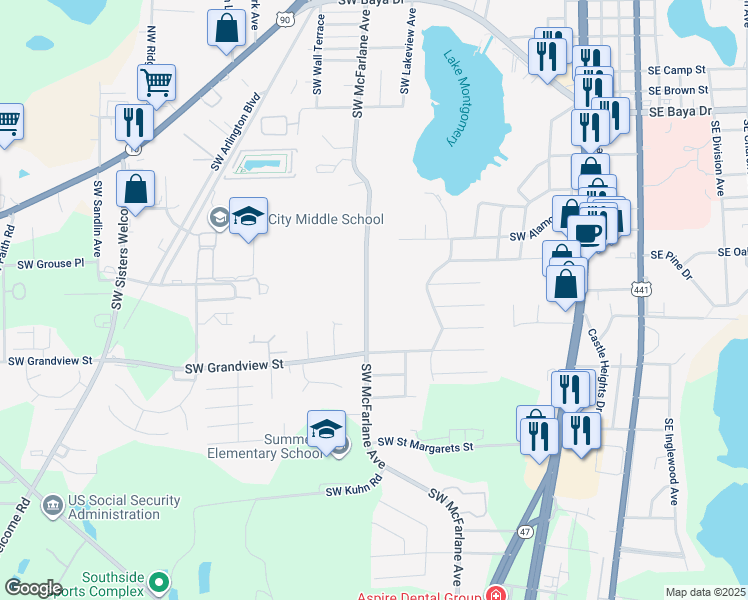 map of restaurants, bars, coffee shops, grocery stores, and more near 1077 SW McFarlane Ave in Lake City