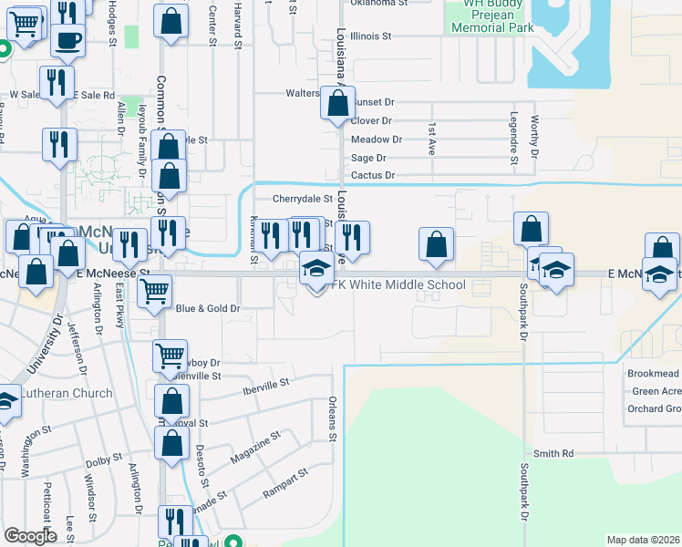 map of restaurants, bars, coffee shops, grocery stores, and more near 4412 Louisiana Avenue in Lake Charles