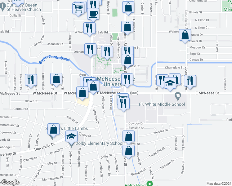 map of restaurants, bars, coffee shops, grocery stores, and more near 4510 Common Street in Lake Charles