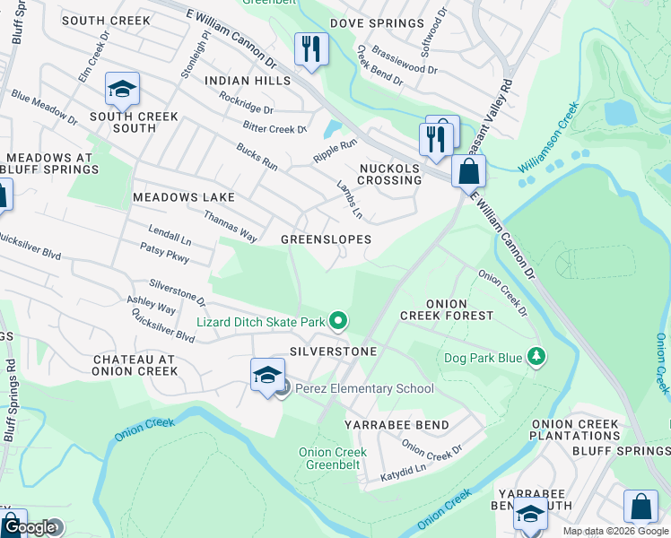 map of restaurants, bars, coffee shops, grocery stores, and more near 7051 Meadow Lake Boulevard in Austin
