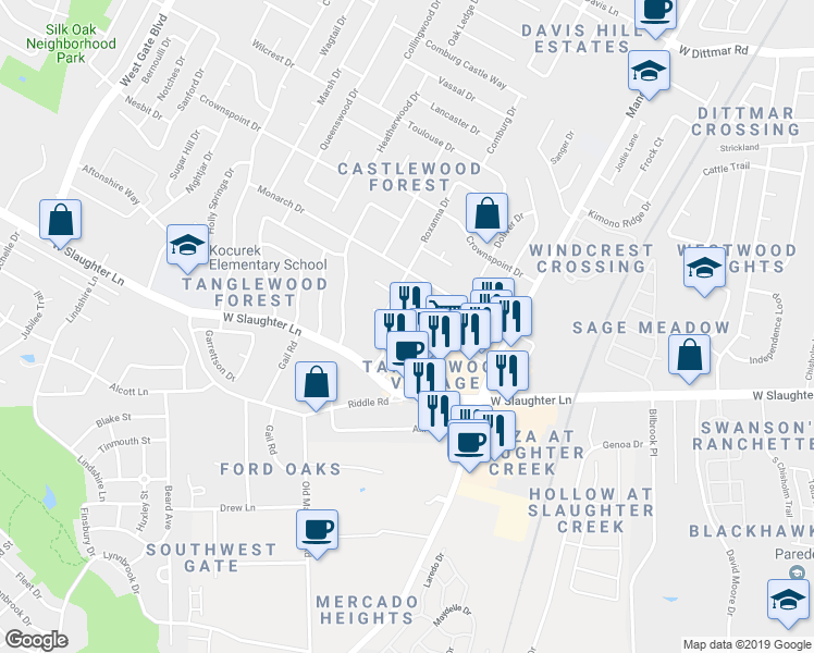 map of restaurants, bars, coffee shops, grocery stores, and more near 9809 Roxanna Drive in Austin