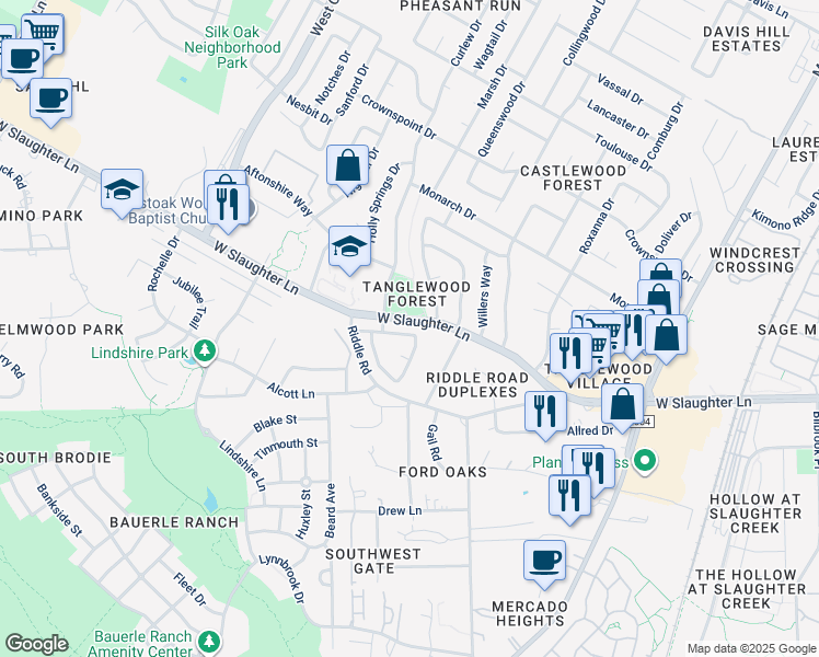 map of restaurants, bars, coffee shops, grocery stores, and more near 2511 Howellwood Way in Austin