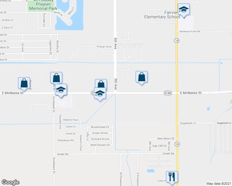 map of restaurants, bars, coffee shops, grocery stores, and more near 44019 5th Avenue in Lake Charles