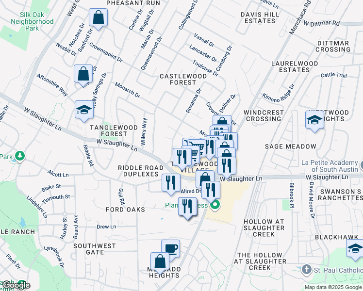 map of restaurants, bars, coffee shops, grocery stores, and more near 2200 Tabor Court in Austin