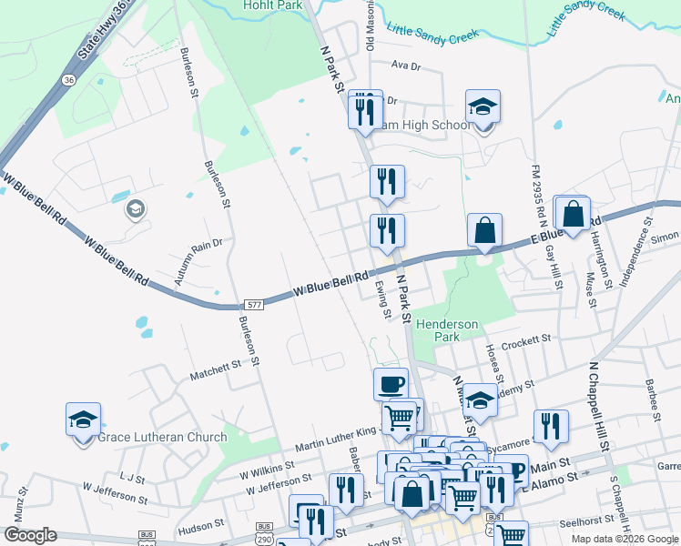 map of restaurants, bars, coffee shops, grocery stores, and more near 304 West Blue Bell Road in Brenham