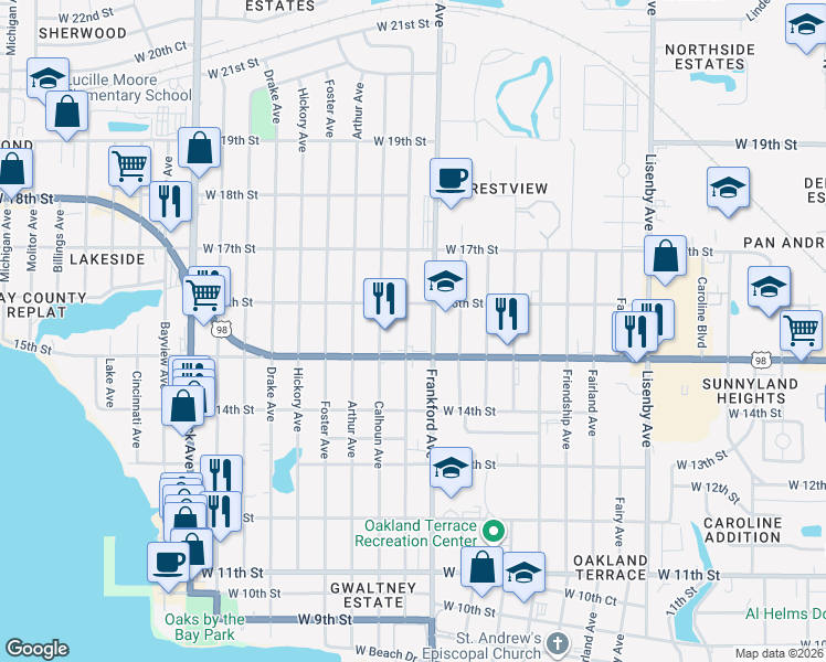 map of restaurants, bars, coffee shops, grocery stores, and more near 1508 Clay Avenue in Panama City