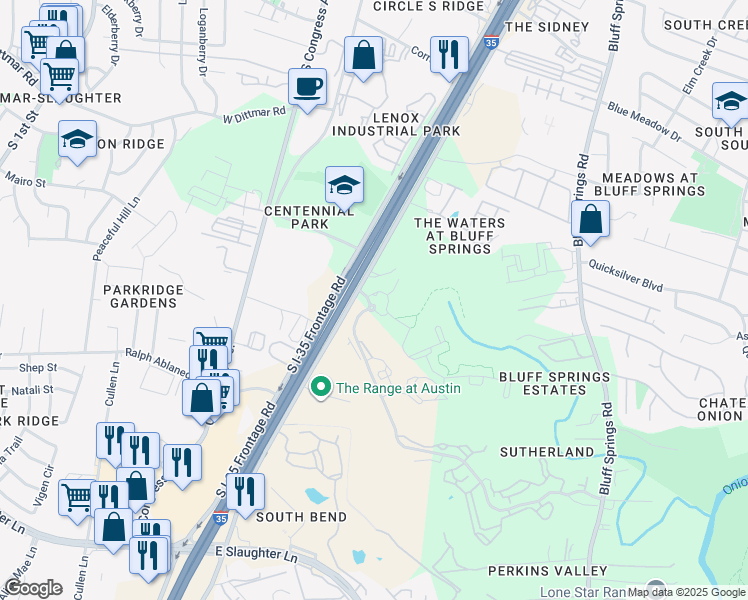 map of restaurants, bars, coffee shops, grocery stores, and more near 8001 South Interstate 35 Frontage Road in Austin