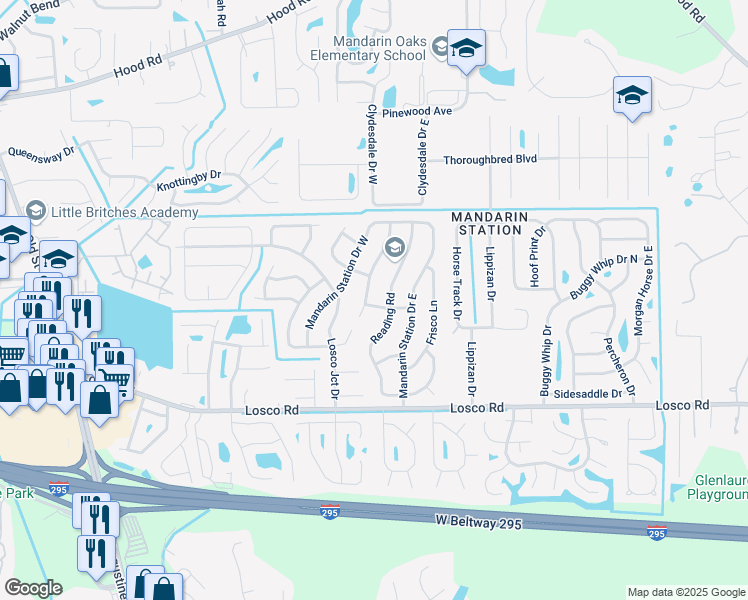 map of restaurants, bars, coffee shops, grocery stores, and more near 10966 Rock Island Road in Jacksonville