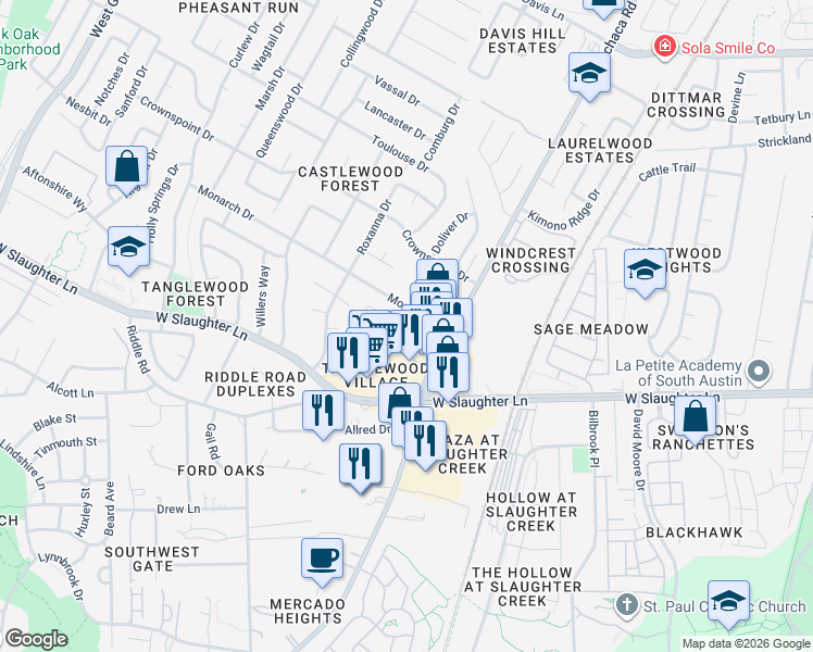map of restaurants, bars, coffee shops, grocery stores, and more near 9706 Menchaca Road in Austin