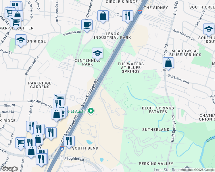 map of restaurants, bars, coffee shops, grocery stores, and more near 8001 Interstate 35 Frontage Road in Austin