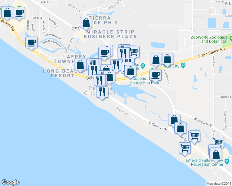 map of restaurants, bars, coffee shops, grocery stores, and more near 10279 Front Beach Road in Panama City Beach