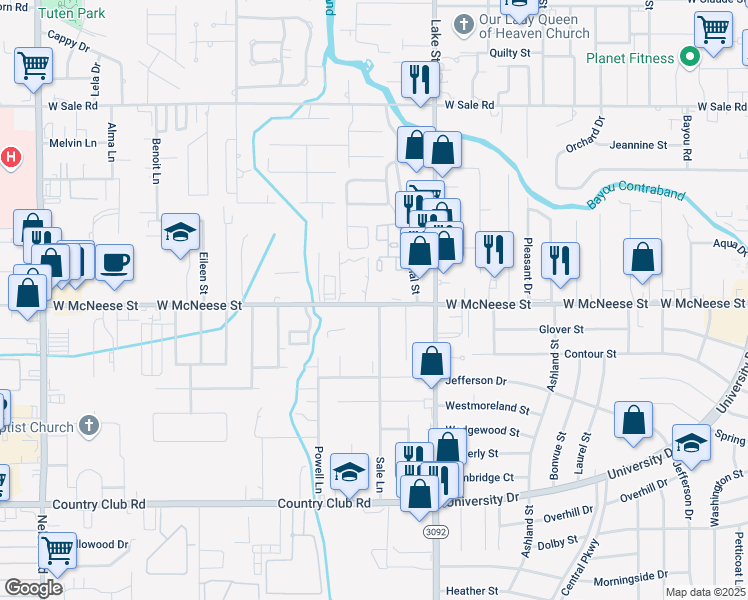 map of restaurants, bars, coffee shops, grocery stores, and more near 1020 West McNeese Street in Lake Charles
