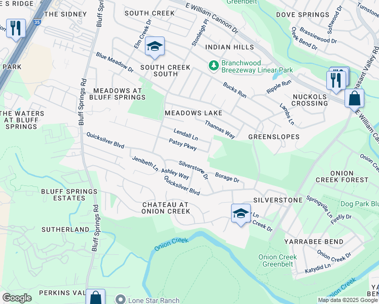 map of restaurants, bars, coffee shops, grocery stores, and more near 4400 Patsy Parkway in Austin