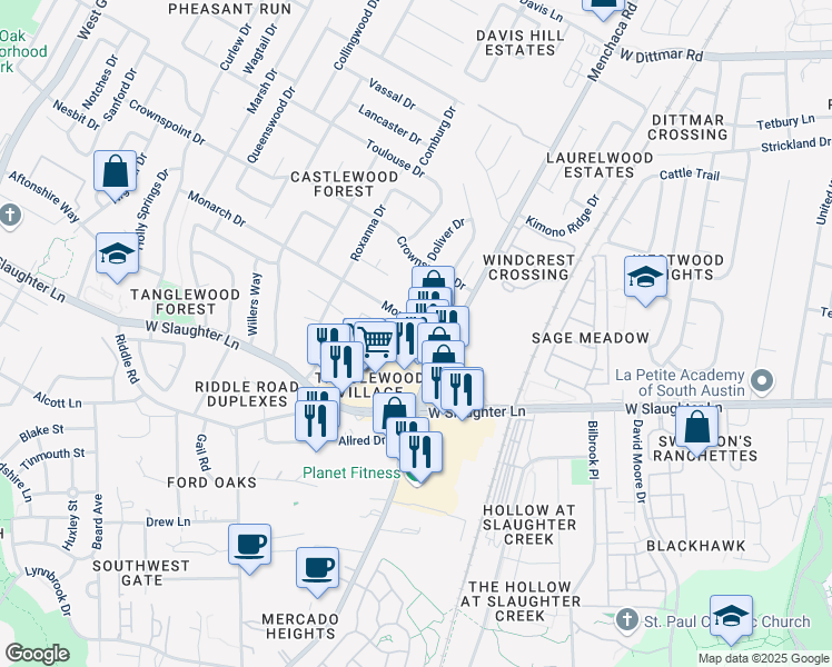 map of restaurants, bars, coffee shops, grocery stores, and more near 2102 Monarch Drive in Austin