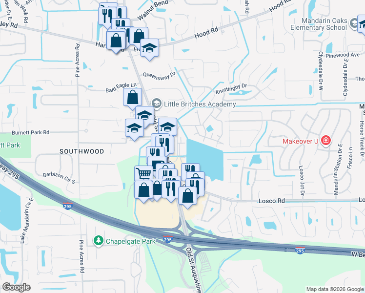 map of restaurants, bars, coffee shops, grocery stores, and more near 2000 11001-1 Saint Augustine Ap in Jacksonville